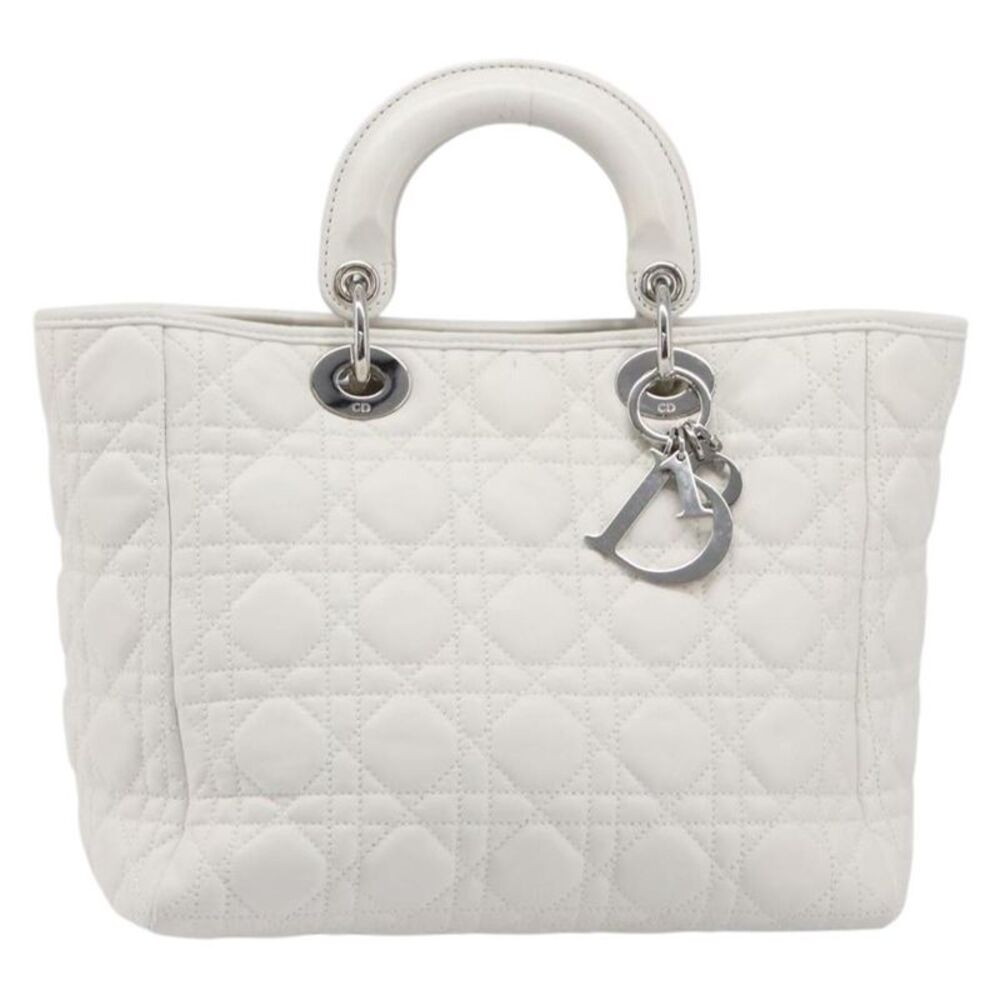 Christian Dior Lady Dior Cannage Quilt Lambskin White Leather Handbag
